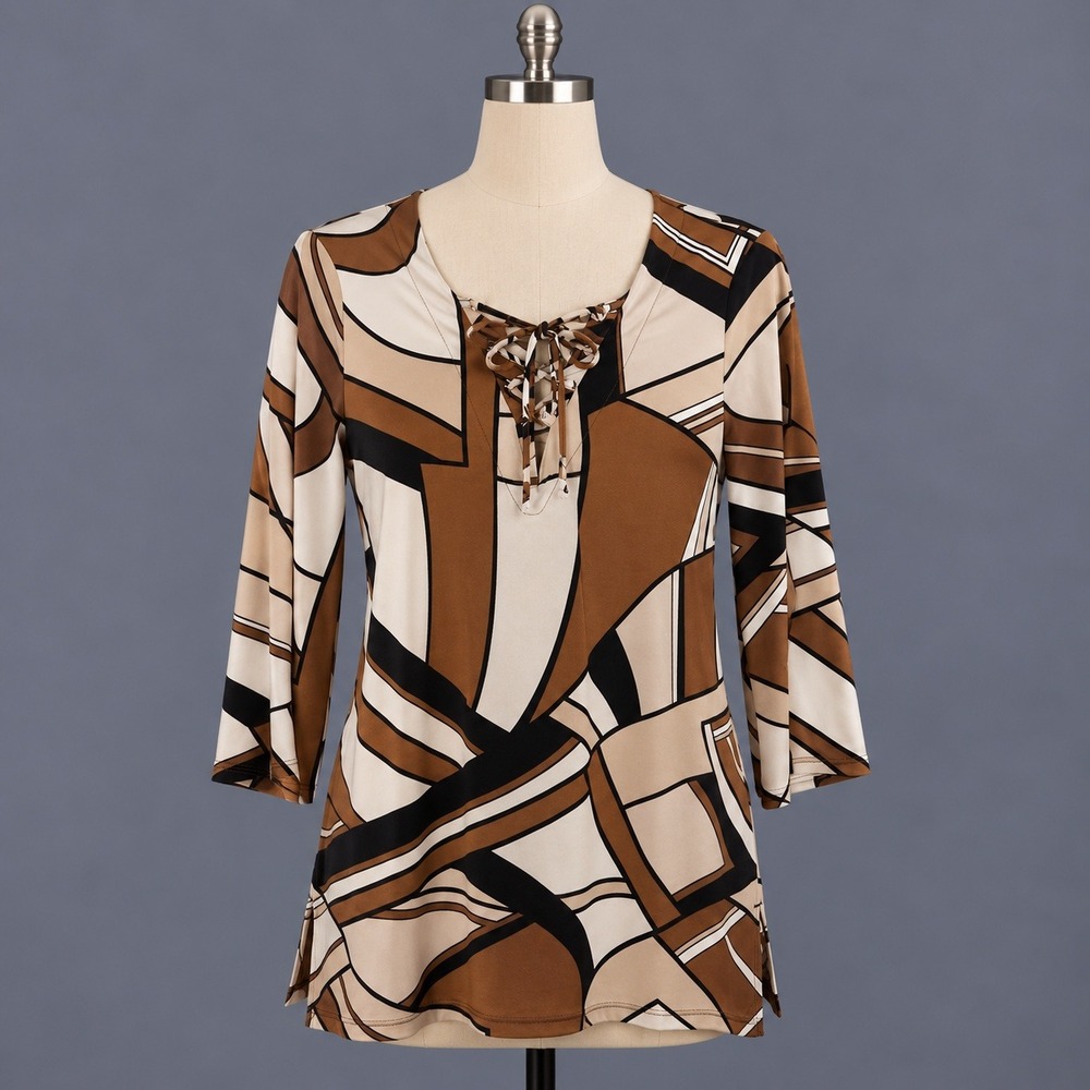 Chico's Tunic Women's Size 1 M Brown Beige Black Geometric Lace Up 3/4 Sleeve